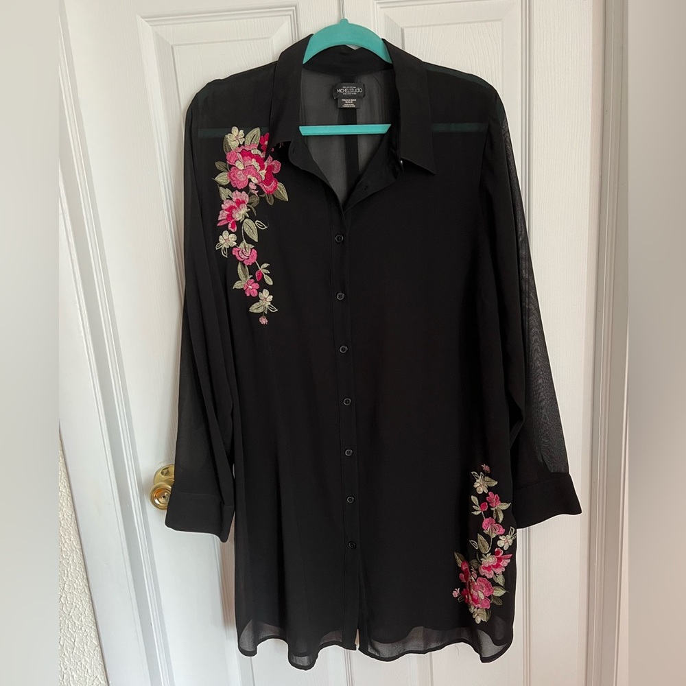 Michel Studio Black Sheer Blouse With Floral Embroidery